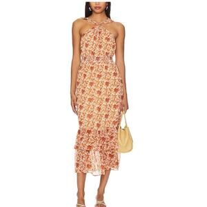 Paige Size M Florencia Midi Dress Tan Terracotta Floral Chiffon Summer Coastal